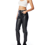 cropped vegan leather pant with a mid rise, zipper and button closure and side and back pockets