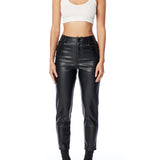 cropped vegan leather pant with a mid rise, zipper and button closure and side and back pockets
