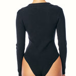 ribbed, collared, long sleeve bodysuit with a deep v-neck and snap closure