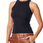 figure hugging, ribbed, racer back tank with a classic crew neck