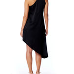 vegan silk, one shoulder dress with tank sleeves, asymmetrical hem and hidden side zipper in black